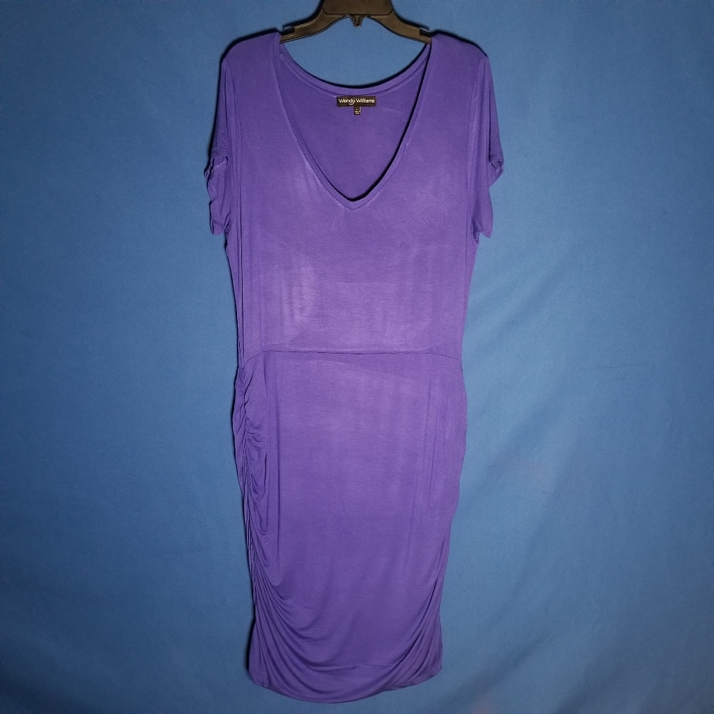 Wendy Williams Purple Dress – Ruched Sides, V-Neck, Short Sleeves comfortable